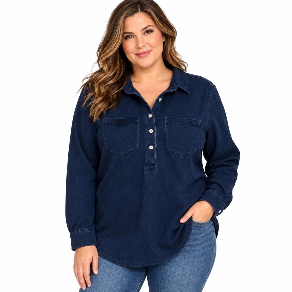 Lands' End Tunic Blouse Womens XL Blue Collared Henley Long Sleeve Knit Top